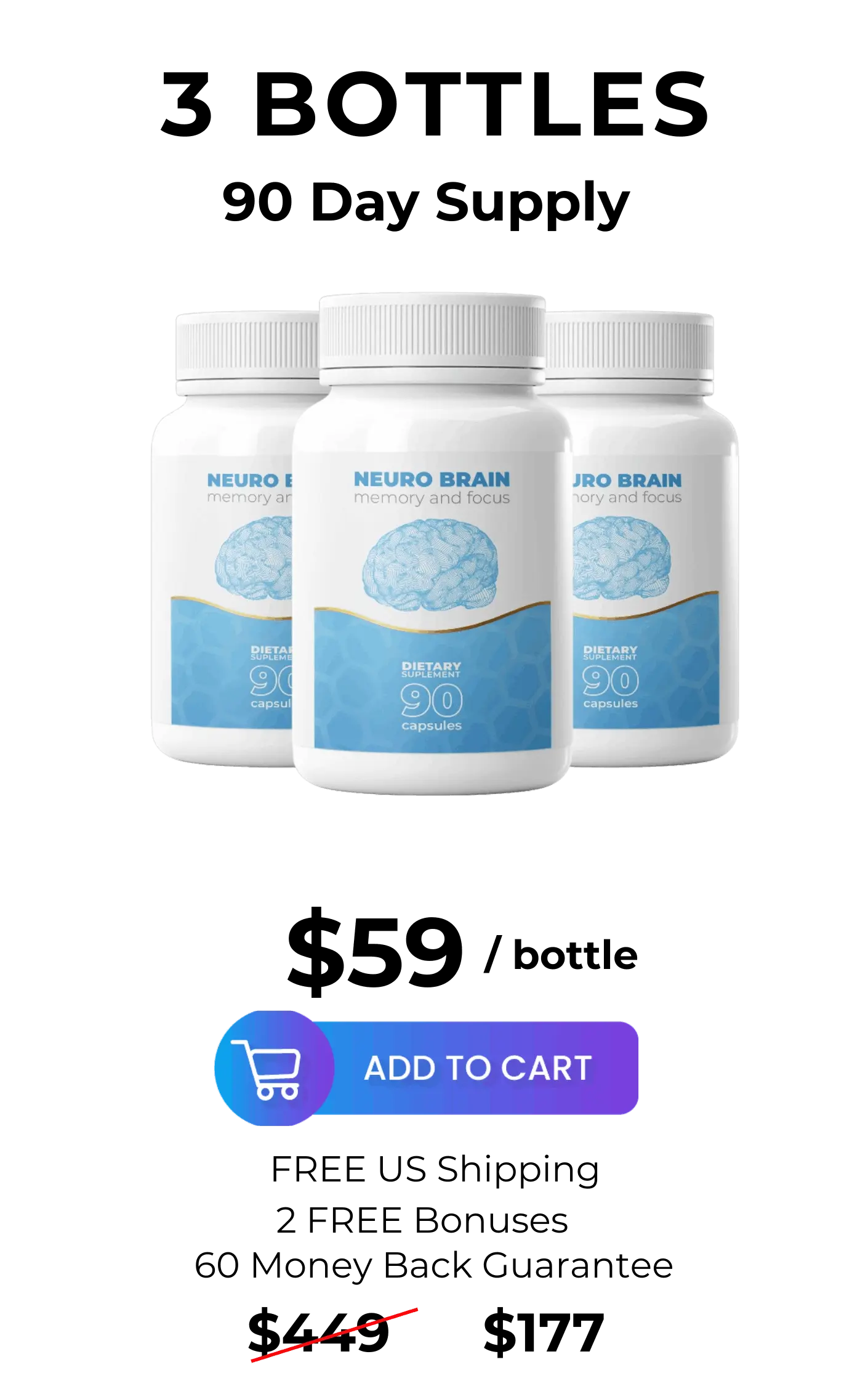 3 Bottle 90 Day supply Neuro Brain